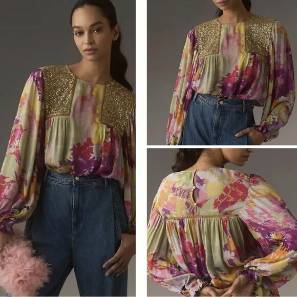 Anthropologie Bl^nk London Miranda Peasant Floral Blouse Sequin Edition Medium - Picture 1 of 15
